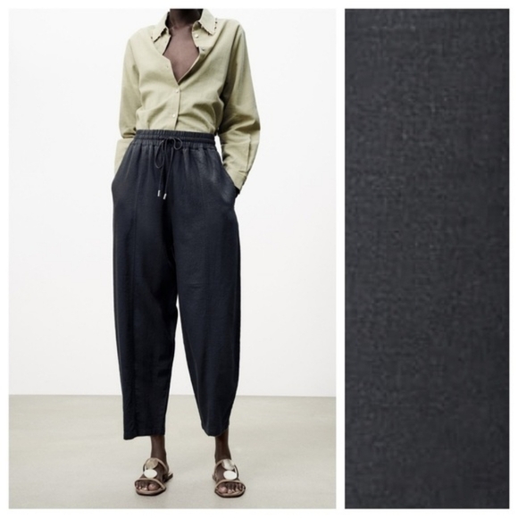 Zara Gray Washed Effect Linen Blend High-Waisted Trouser Pants - Picture 2 of 13
